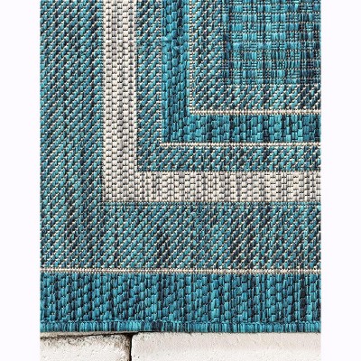 Teal and Beige Synthetic Flat Woven 9' x 12' Outdoor Rug