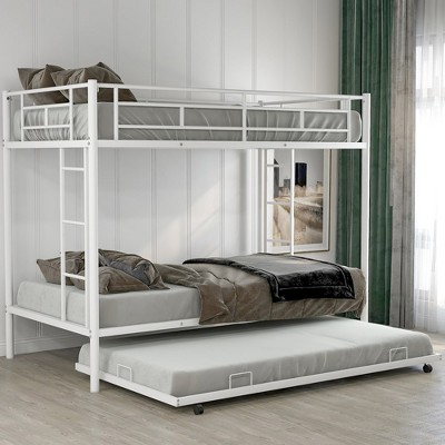 Twin Over Twin Bunk Bed with Trundle, Metal Bunkbeds with Ladder and Guardrail, Convertible Bunkbed Frame for 3 Kid, No Box Spring Needed