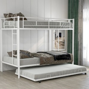 Twin Over Twin Bunk Bed with Trundle, Metal Bunkbeds with Ladder and Guardrail, Convertible Bunkbed Frame for 3 Kid, No Box Spring Needed - 1 of 4
