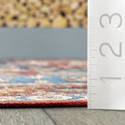 Hera Blue and Red Medallion Washable Synthetic Area Rug