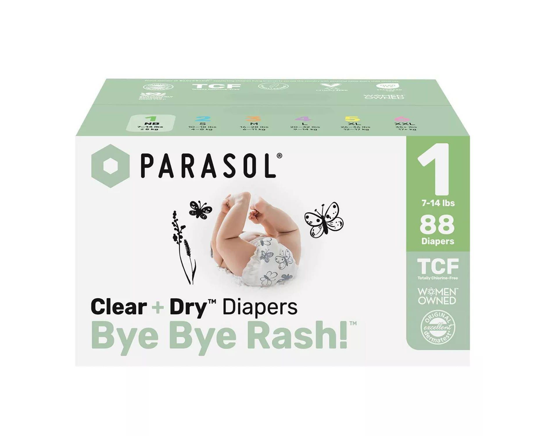 Parasol Chlorine-Free Diapers with RashShield Protection - Size 1 - 88ct