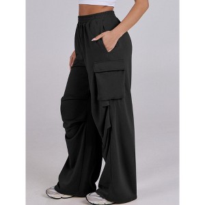 Women's Loose Fit Wide Leg Pants Elastic Waist Straight Cut Casual Lounge Pants - 1 of 4
