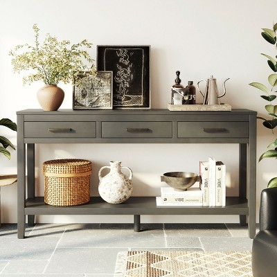 59" Farmhouse Console Table with 3 Drawers,Bottom Shelf & Iron Handles for Entryway,Living Room,Hallway-Baofuwish