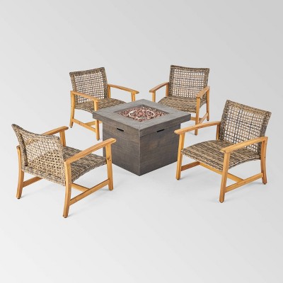 Breakwater 5pc Wood & Wicker Chat Set with Fire Pit - Natural/Gray/Brown - Christopher Knight Home