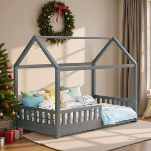 AMERLIFE Twin Size House Bed for Kids with Guardrails, Removable Rails, Playhouse Roof, Montessori Wooden Floor Bed Frame, Easy Assembly - 1 of 4