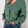 Women's Olive Green Heart Print V-Neck Balloon Sleeve Top - Cupshe - 3 of 4