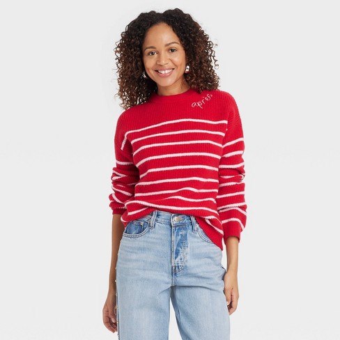 Women s Holiday Crewneck Pullover Sweater A New Day Red pink Striped M Target