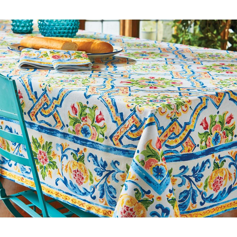 tagltd 84" x 60" Capri Tablecloth Cotton Table Topper With Hand Screen Printed Design Floral Design For Dining Table Decor, 1 of 4
