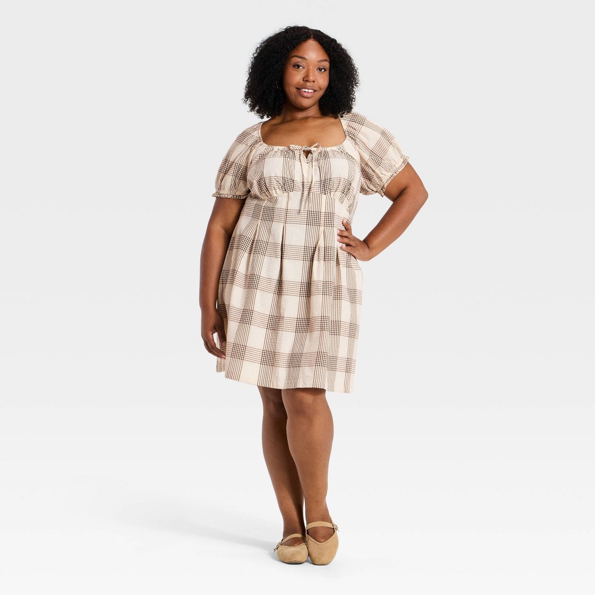 Women's Plus Short Sleeve Front Tie Plaid Mini Dress - Ava & Viv™ Brown - thumbnail 3