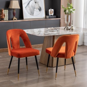 Gulches Set of 2 Modern Contemporary Velvet Dining Chairs, Orange Upholstered Seats with Nailhead Trim & Gold-Tipped Black Metal Legs - 1 of 4