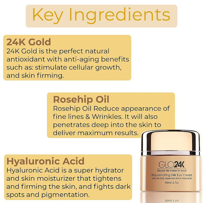 GLO24K Eye Cream with 24k Gold, Hyaluronic Acid, Rosehip Oil, And Vitamins For Minimizing Wrinkles & Fine-Lines Around The Eyes, 3 of 6