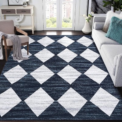 10'x13'Washable Runner Rug Distressed Trellis Checkered Area Carpet Non Slip Low Pile Soft Neutral Modern Rug for Entryway Bedroom,Blue