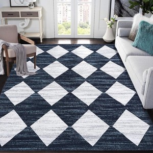 10'x13'Washable Runner Rug Distressed Trellis Checkered Area Carpet Non Slip Low Pile Soft Neutral Modern Rug for Entryway Bedroom,Blue - 1 of 4