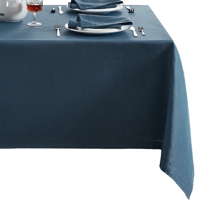 Alison 52" Square Navy Polyester Tablecloth with Embroidered Hemstitch Border