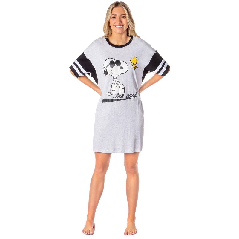 Peanuts Womens' Joe Cool Snoopy Woodstock Nightgown Pajama Shirt Dress Grey, 4 of 5