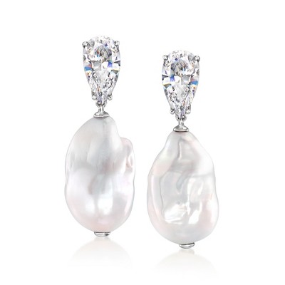 Ross-Simons Rhodium-Plated Drop Earrings With 4.00 ct. t.w. Czs and 13-14mm Cultured Baroque Pearls