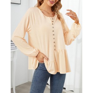 Womens Casual Tops Round Neck Button Lantern Sleeve Asymmetric Ruffle Top - 1 of 4