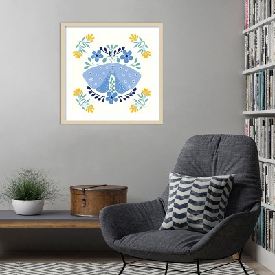 Blue Butterfly and Floral Lithograph in Light Wood Frame
