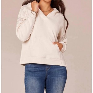 Women's Long Sleeve Half Placket Mixed Media Knit Hoodie with Blanket Stitch - Democracy - 1 of 4