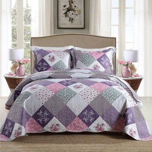 Twin Size Microfiber Quilt Set, 2 - Piece Reversible Bedspread with Floral and Geometric Patterns, Purple. - 1 of 4