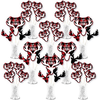 Big Dot of Happiness Prancing Plaid - Reindeer Holiday and Christmas Party Centerpiece Sticks - Showstopper Table Toppers - 35 Pieces