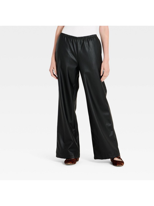 Wide-Leg Faux Leather Pants — Black