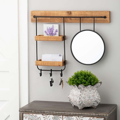 Black Metal and Natural Wood Wall Shelf with Round Mirror