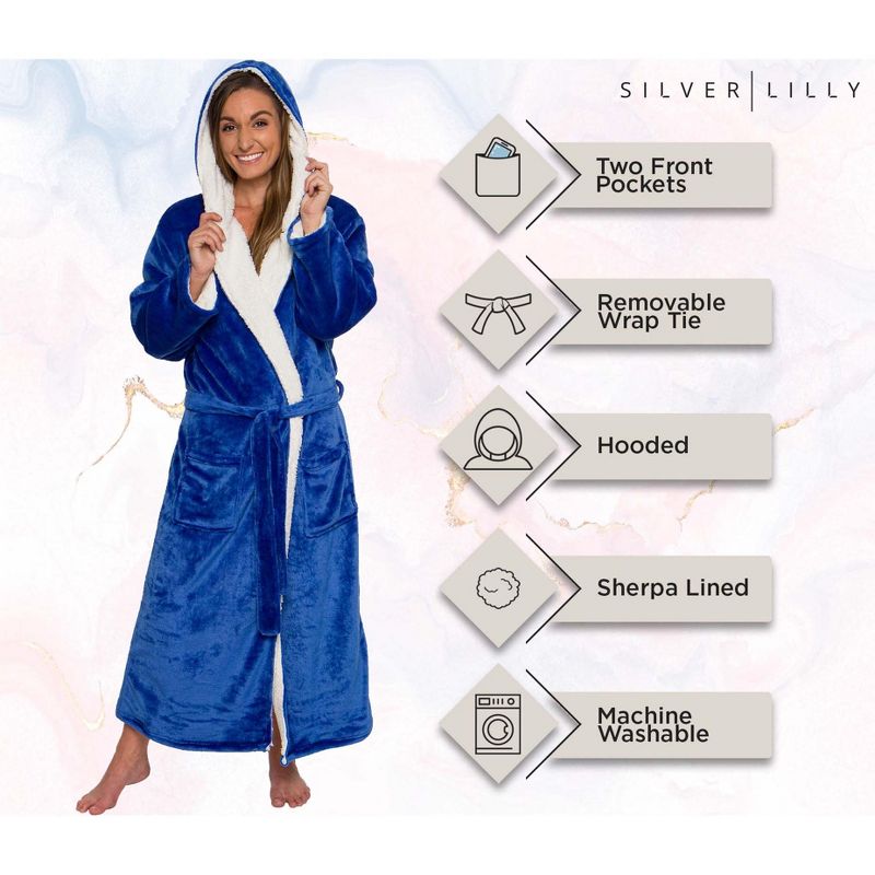 Silver Lilly - Women's Full Length Sherpa Lined Luxury Hooded Bathrobe, 5 of 8