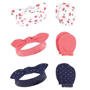 Hudson Baby Infant Girls Cotton Headband and Scratch Mitten 6pc Set, Cherries, 0-6 Months - 1 of 2
