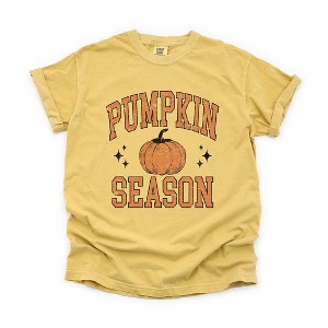 Simply Sage Market Women's Pumpkin Season Varsity Grunge Short Sleeve Garment Dyed Tee - 1 of 4