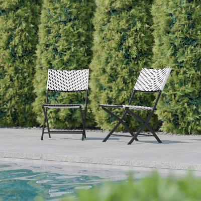 Black and White PE Rattan Folding Bistro Chairs with Metal Frames, Set of 2