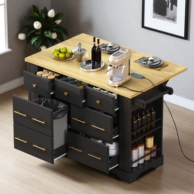 Kitchen Island with 6 Drawers, Pull-Out Trash Can Storage, Rolling Kitchen Cart on 5 Wheels with Spice & Towel Racks