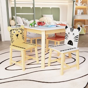 Kids Table and Chair Set Kids Wood Table with 4 Chairs Set Cartoon Animals Chairs Backrest Cute Table and Chair Set - 1 of 4