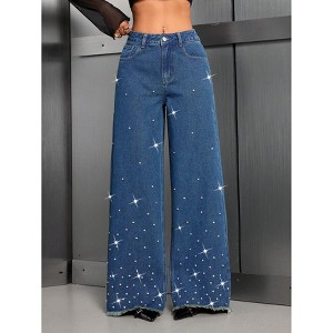 YESFASHION Women High Waist All Over Rhinestone Raw Fringe Hem