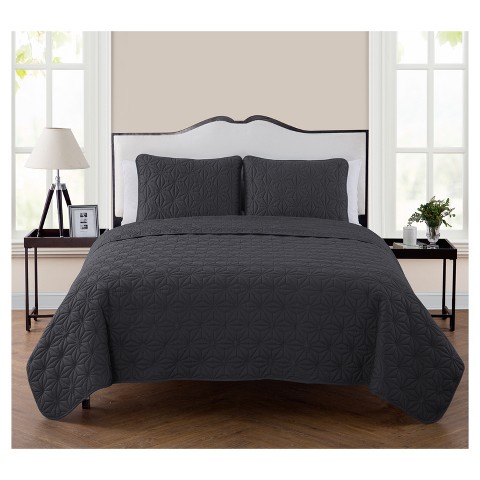 VCNY King 3pc Kaleidoscope Embossed Geometric Quilt Set Gray