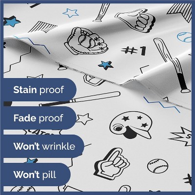 Queen Blue and White Baseball Print Microfiber Sheet Set