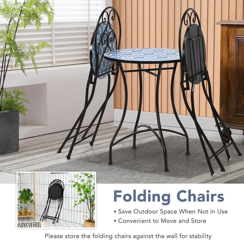 Costway 3PCS Patio Bistro Furniture Set Folding Chair Mosaic Design Garden Blue, 5 of 9