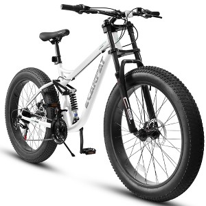 Gulches 26 inch Mountain Bike,Full-Suspension 21 Speeds Drivetrain with Disc-Brake MTB Bicycle, 26*4" Fat tire Bike for Men，White - 1 of 4