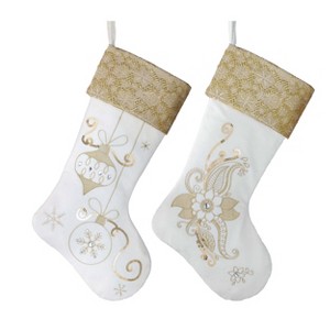 Aoibox 2 Pack 21 Inch White Gold Christmas Stockings Embroidered Elegant Fireplace Decor with Name Tag Soft Plush Handcrafted - 1 of 4