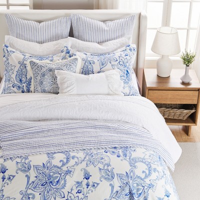 Full/Queen Blue and White Cotton Floral Paisley Duvet Cover Set