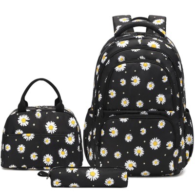 Backpack for Girls Teens Girls Bookbag Lightweight High-Capacity Waterproof School Gifts for Lovely Small Daisy Flower 3pcs (Black)
