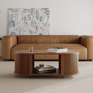 POVISON Mid-Century Modern Fluted Coffee Table, Minimalist Fluted Coffee Table with Open storage, Metal Legs, Ash Wood Veneer, 43.31" - 1 of 4