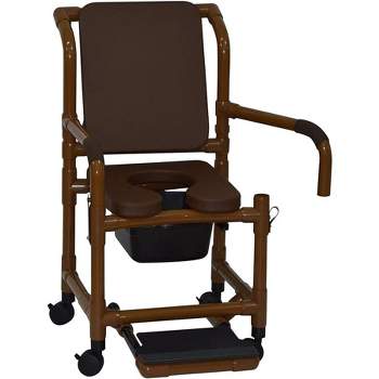 MJM International Corporation shower chair 18 in width 3 in BROWN seat cushion padded back dual arms sliding footrest 10 qt slide mode pail 300 lb wt