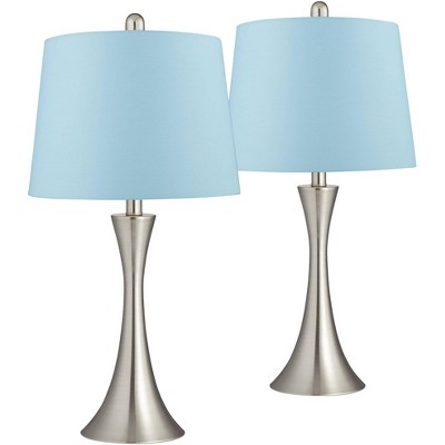 360 Lighting Modern Table Lamps Set of 2 LED Brushed Nickel Metal Blue Hardback Drum Shade Living Room Bedroom House Home Office