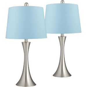 360 Lighting Gerson Modern Table Lamps 24" High Set of 2 Brushed Nickel Silver LED Blue Hardback Drum Shade for Bedroom Living Room Bedside Nightstand - 1 of 4