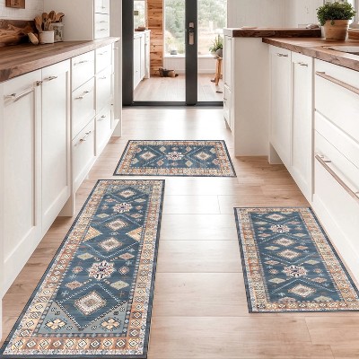 TOBILI Rugs Sets 3 Piece with Runner Non Slip Kitchen Rugs and Mats Washable Kitchen Mats for Floor Thick Kitchen Floor Mat Carpet ,blue