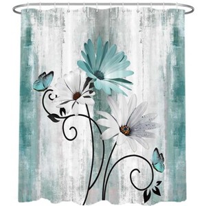 Aoibox Rustic Farmhouse Shower Curtain with Teal Daisy Floral and Butterfly Design for Bathroom Decor, Includes 12 Hooks - 1 of 4