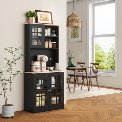 Sleek Modern Black Kitchen Buffet with Glass Door Hutch