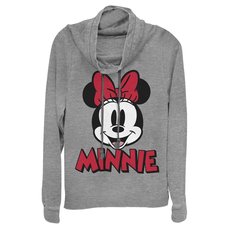 Juniors Womens Mickey & Friends Retro Minnie Mouse Big Face Cowl Neck Sweatshirt, 1 of 5