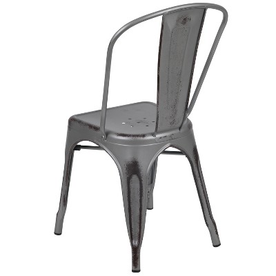 Distressed Silver Gray Metal Indoor-Outdoor Stackable Armless Chair